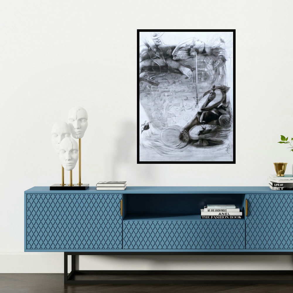 'Reincarnation' painting by Anas Sultan shown on a wall in a furnished room.