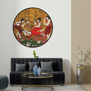 Chetan Katigar's 'Rejoice (A Divine Gathering)' painting visualized above a sofa in a contemporary room.