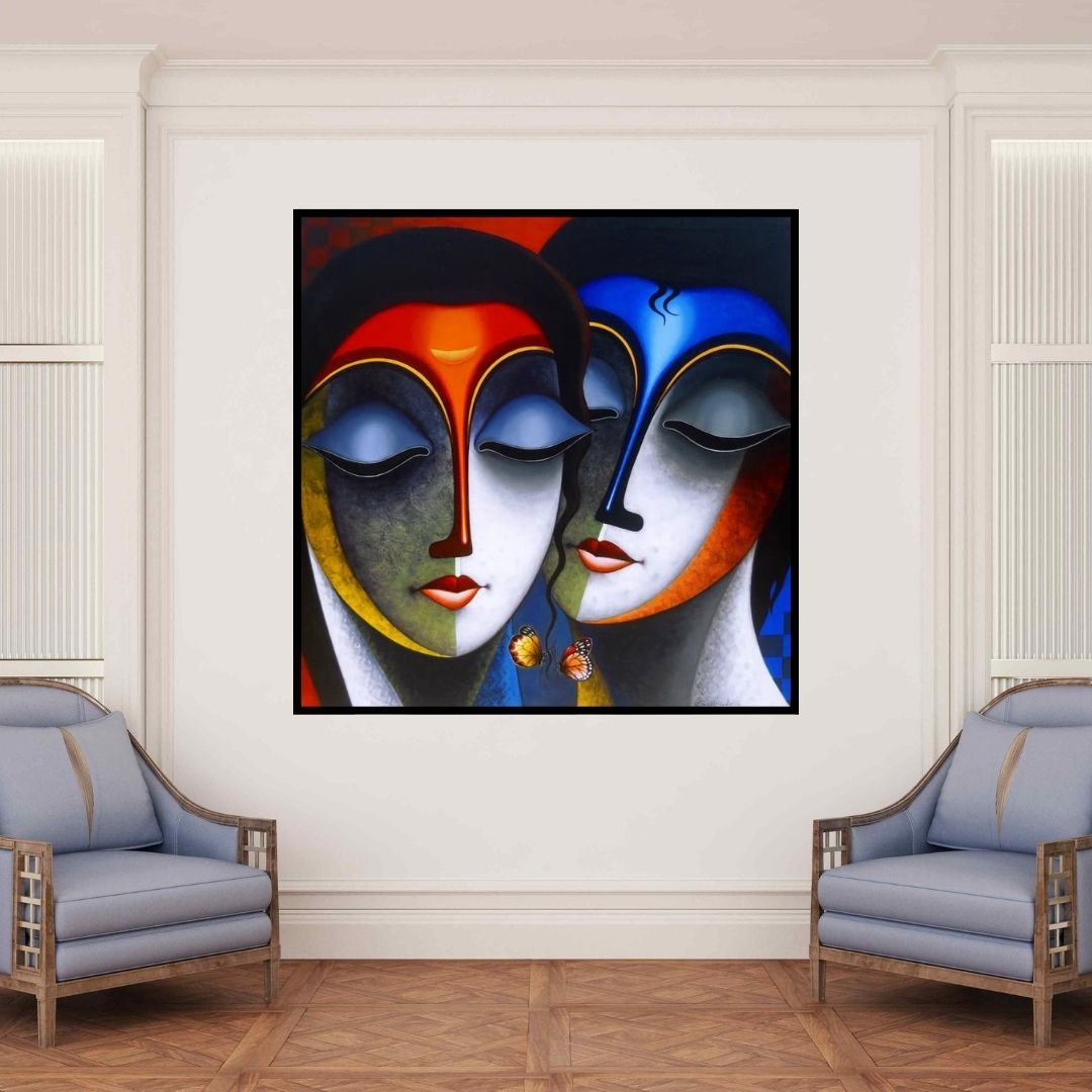 In-situ view of Santosh Chattopadhyay's 'Relation 2 (Eternal Love Radha and Krishna)' painting in a room