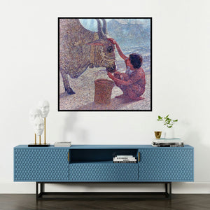 'Relation (A Bond of Trust)' painting by Nanasaheb Yeole shown on a wall in a furnished room.