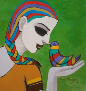 Relation I (Whispers of Connection) by Anil Mahajan, Original Acrylic Figurative Painting on Canvas, Small Square Wall Art