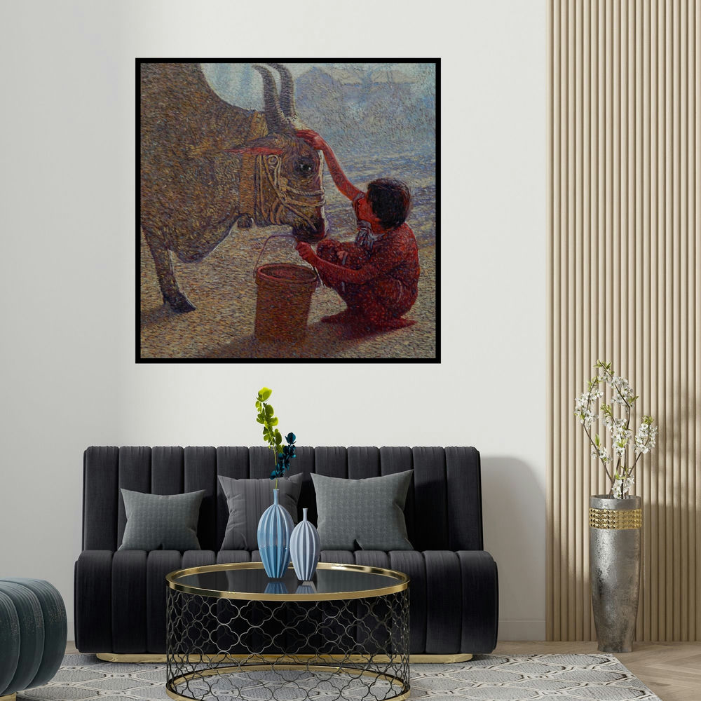Nanasaheb Yeole's 'Relation (Boy and Bull)' painting visualized above a sofa in a contemporary room.