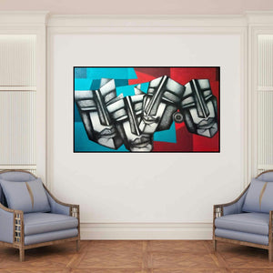 'Relationship (The Veiled Faces)' painting by Samir Chanda shown on a wall in a furnished room.