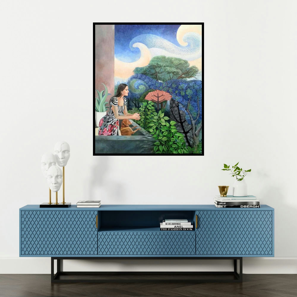 Subhamita Sarkar's 'The Relationship' painting visualized above a sofa in a contemporary room.