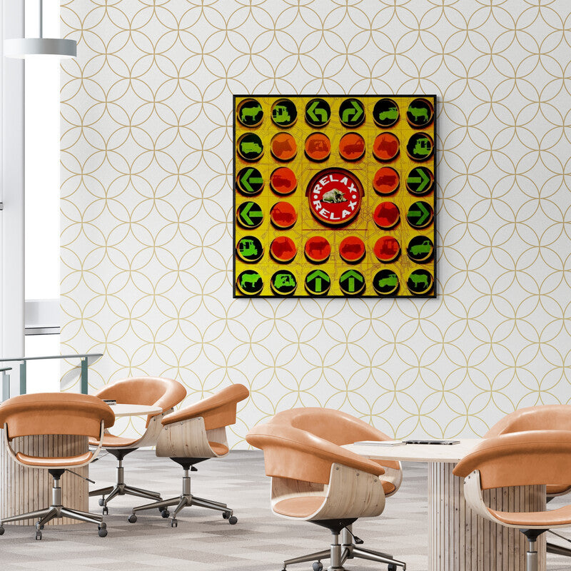 Preview of 'Relax (Relax 0)' Painting by Rohit Sharma shown on a wall in a furnished room.