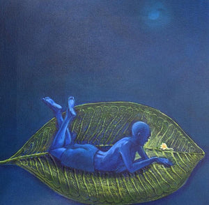 Relax (Natures Embrace in blue) by Virendra Chopde, Original Acrylic Figurative Painting on Canvas, X-Small Square Wall Art