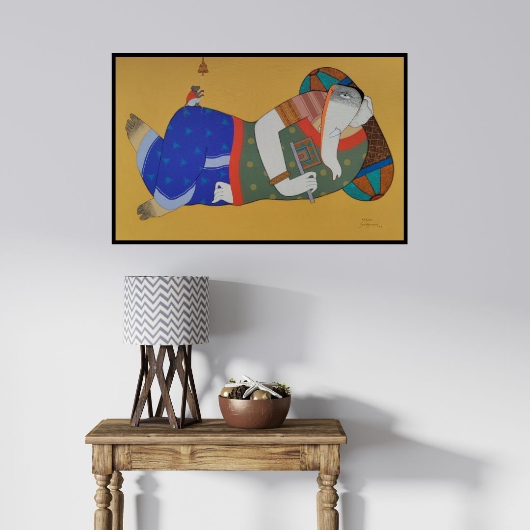 In-situ view of Kiran Sherkhane's 'Relax Mood In Ganesha (Reclining Ganesha)' painting in a room