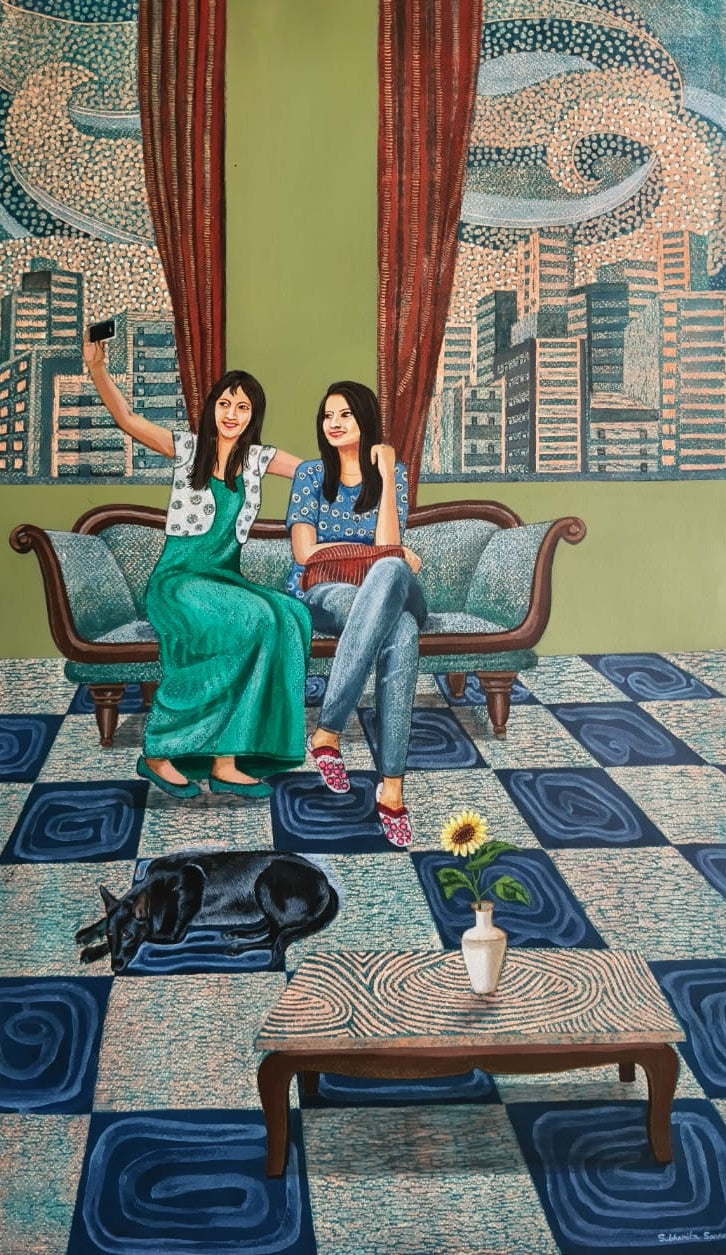 Relaxation 1' figurative mixed-media painting by artist Subhamita Sarkar, 30x18 inch, on paper