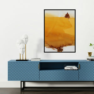 'Religion Is Surrender' painting by Prashant Prabhu shown on a wall in a furnished room.