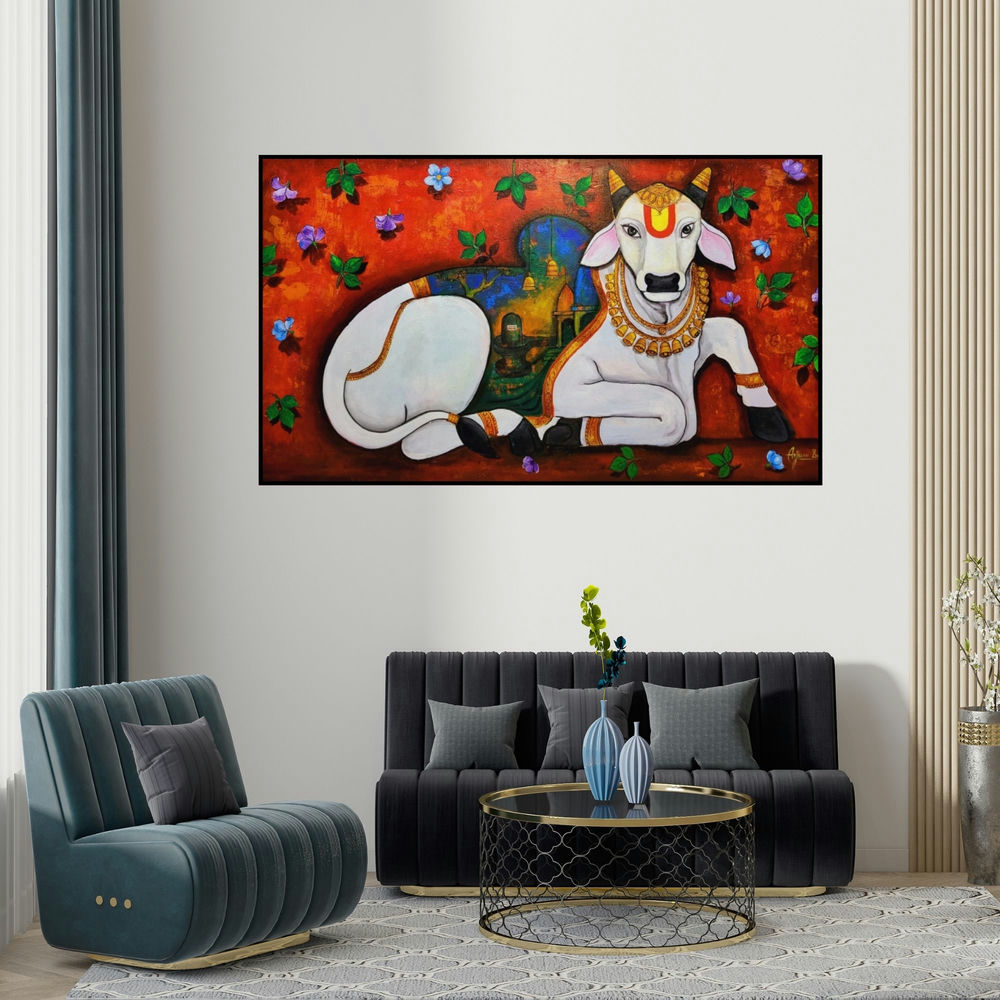 Arjun Das's 'Religious Bull (Nandi: The Sacred Bull)' painting visualized above a sofa in a contemporary room.