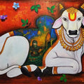 Religious acrylic painting titled 'Religious Bull', 36x60 inches, by artist Arjun Das on Canvas