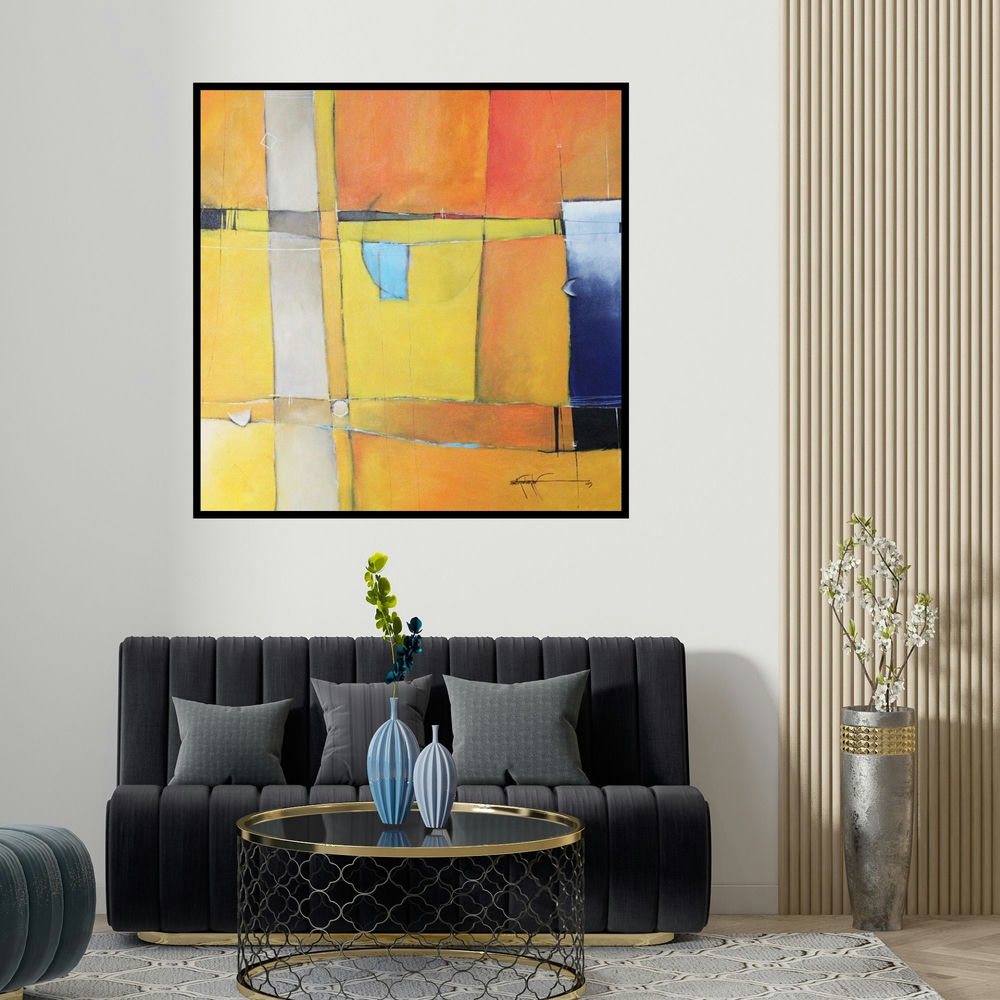 Amrish Malvankar's 'Remanat 46 (Intersecting Paths)' painting visualized above a sofa in a contemporary room.