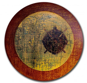 Remembrance Of Nostalgia (Golden Shield) by T Raju Gopalarao, Original Acrylic Oil Contemporary Painting on Canvas, Small Circular Wall Art