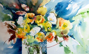 Renoncules (Sunshine in a Vase: A Celebration of Yellow) by Veronique Piaser-Moyen, Original Watercolor Still-Life Painting on Paper, Small Horizontal Wall Art