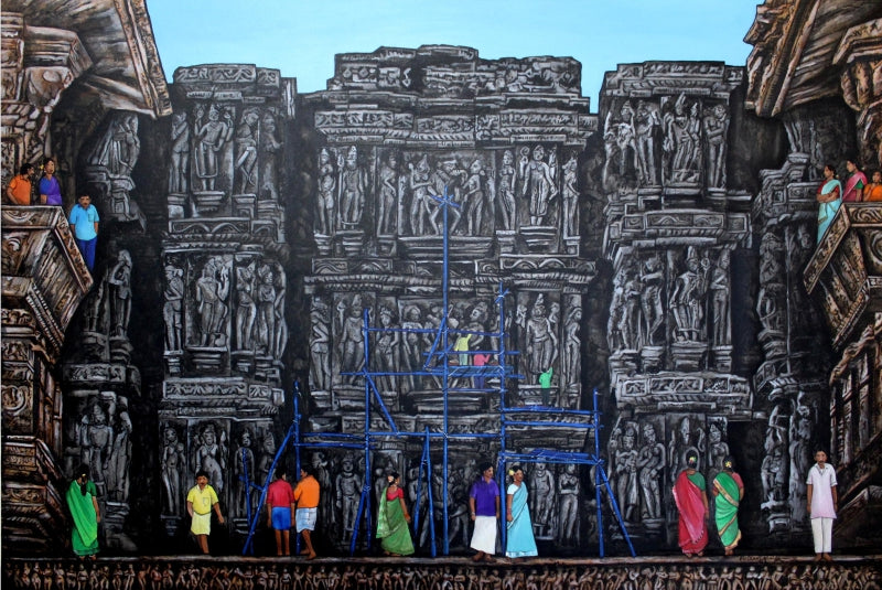 Renovation Of Temple 2' religious mixed-media painting by artist Gangu Naidu Pv, 48x72 inch, on canvas