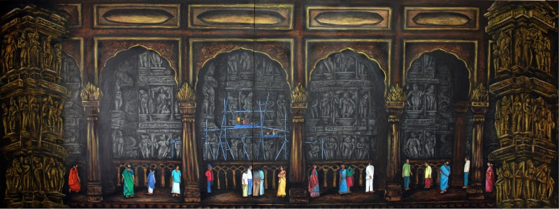 Renovation Of Temple' religious mixed-media painting by artist Gangu Naidu Pv, 48x132 inch, on canvas