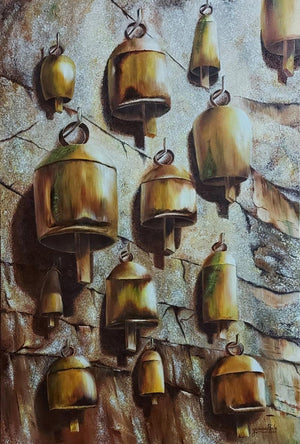 Resonate 2 (Silent Chorus) by Yamuna Bala, Original Oil Religious Painting on Canvas, Medium Vertical Wall Art