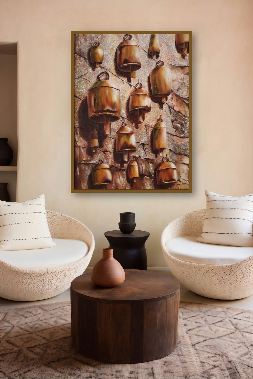 Resonate (Echoes of Devotion) by artist Yamuna Bala displayed in a Minimalist gallery
