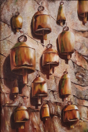 Resonate (Echoes of Devotion) by Yamuna Bala, Original Oil Religious Painting on Canvas, Medium Vertical Wall Art