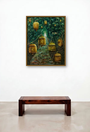Resonate To Goddess Saraswati (Path of Resonance) by artist Yamuna Bala displayed in a Mid-Century Modern Dining Room