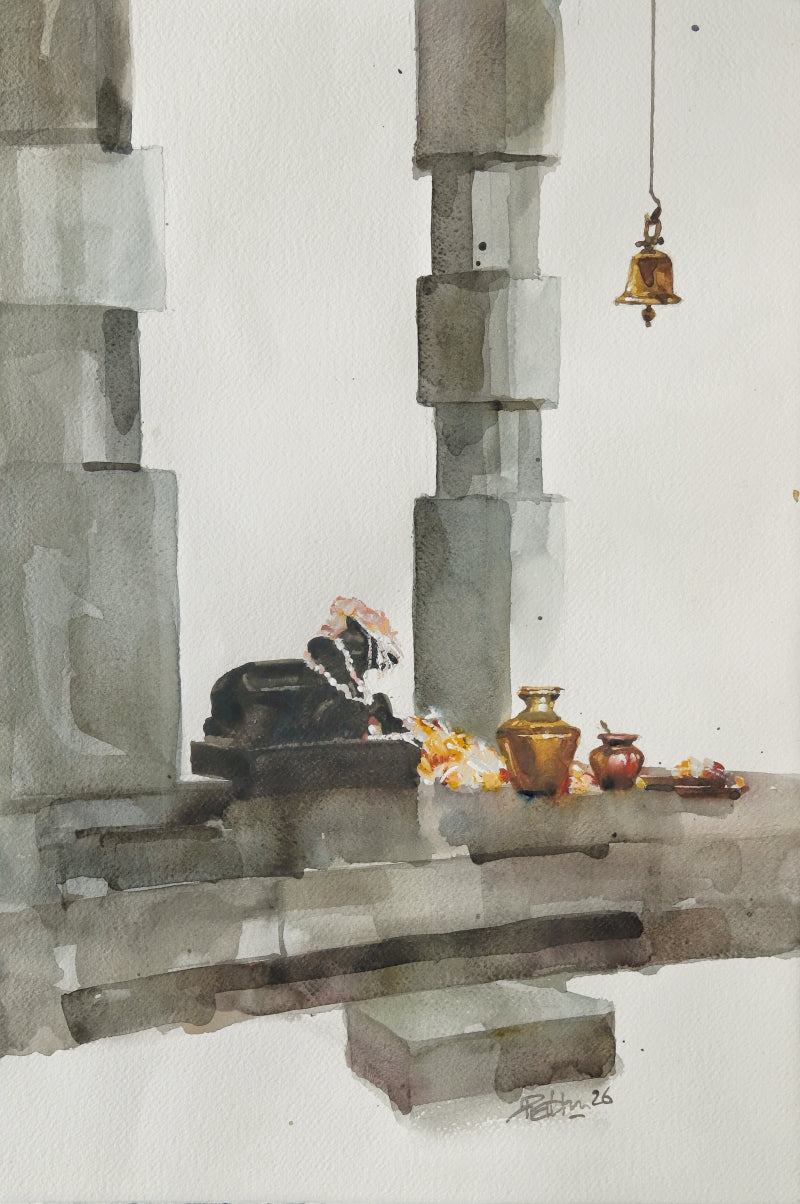 Respect To His Ride' religious watercolor painting by artist Prashant Prabhu, 22x15 inch, on paper