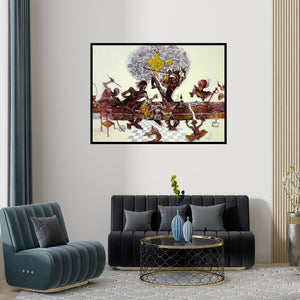 Preview of 'Respect Women (The Weight of Inheritance)' Painting by Mahesh Pal Gobra shown on a wall in a furnished room.