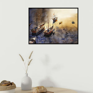 In-situ view of Sanjay Dhawale's 'Rest (Golden Hour at the Harbor)' painting in a room