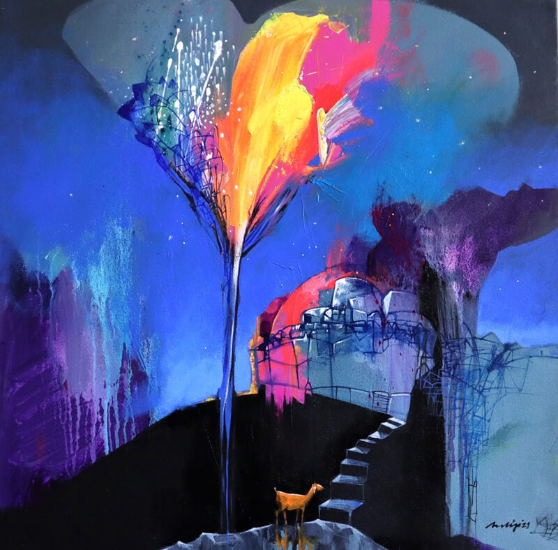 Restart' contemporary acrylic painting by artist Pradip Sengupta, 24x24 inch, on canvas