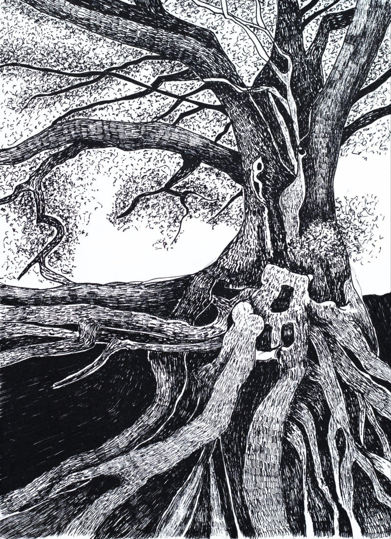 'Resting Branches' nature ink drawing by artist Ankit Kushwaha, 8x6 inch, on paper