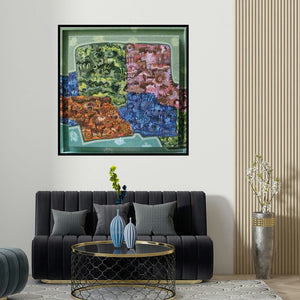 Pinaki Ranjan Bera's 'Restless Lullaby (Nocturne in Hues: A Symphony of Dreams)' painting visualized above a sofa in a contemporary room.