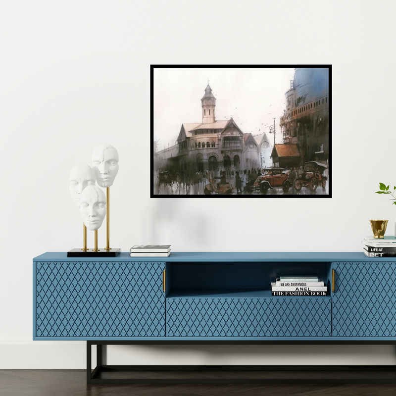 Preview of 'Retro Calcutta (Untitled)' Painting by Bijay Biswaal shown on a wall in a furnished room.