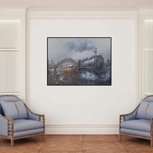 'Retro Wet Platform' painting by Bijay Biswaal shown on a wall in a furnished room.