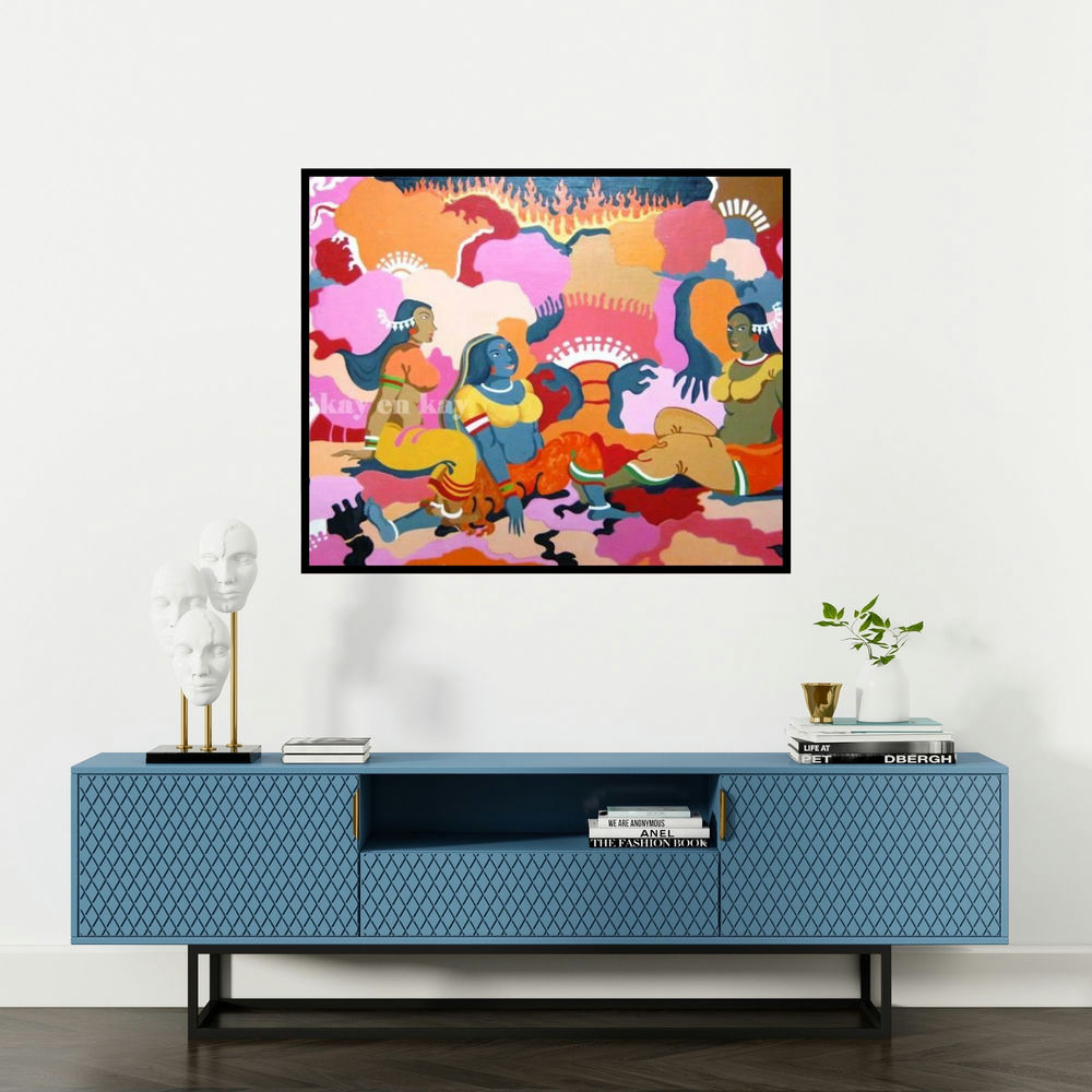 Narayanankutty Kasthuril's 'Retrospections' painting visualized above a sofa in a contemporary room.