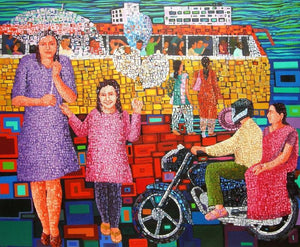 Return (The Departure Lounge) by Azizur Rahman, Original Acrylic Figurative Painting on Canvas, X-Large Horizontal Wall Art