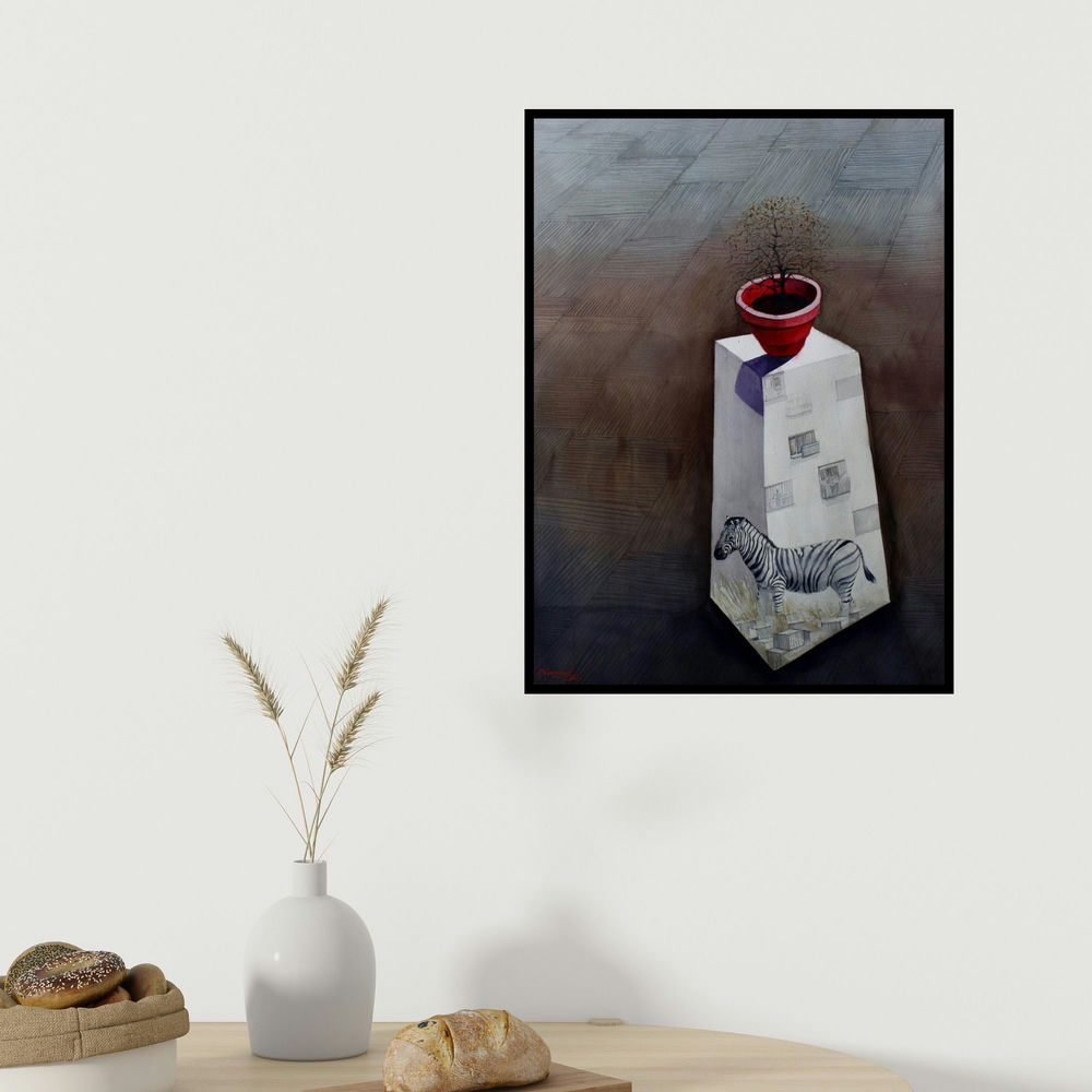 Neeraj Khandka's 'Reviving The Lost (Out of Place)' painting visualized above a sofa in a contemporary room.