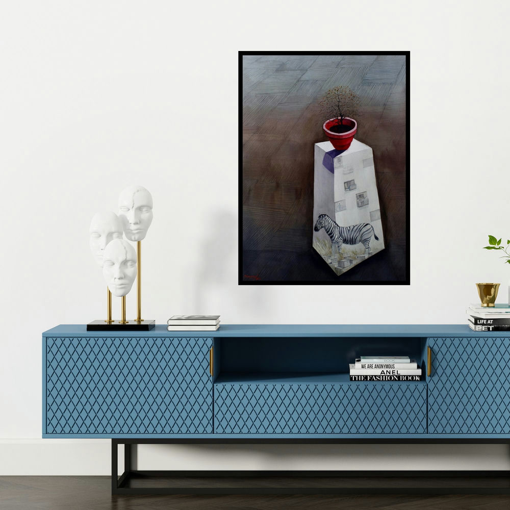 'Reviving The Lost (Out of Place)' painting by Neeraj Khandka shown on a wall in a furnished room.
