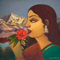 Rhododendron Reverie' figurative acrylic painting by artist Sumon Naskar, 24x24 inch, on canvas