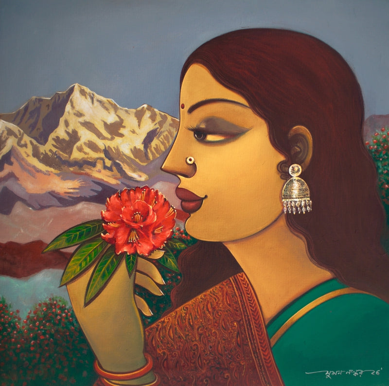 Rhododendron Reverie' figurative acrylic painting by artist Sumon Naskar, 24x24 inch, on canvas