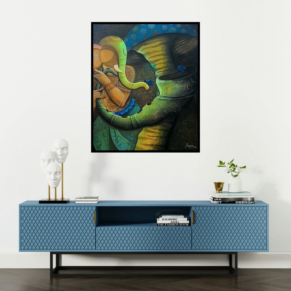 Anupam Pal's 'Rhydam Divine 12 (Cosmic Harmony)' painting visualized above a sofa in a contemporary room.