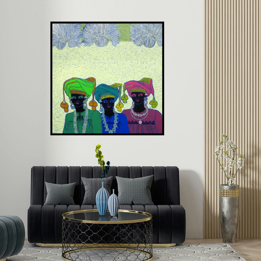 Anuradha Thakur's 'Rhythm 16 (Three Figures)' painting visualized above a sofa in a contemporary room.