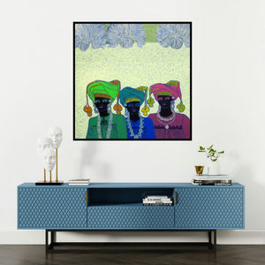 'Rhythm 16 (Three Figures)' painting by Anuradha Thakur shown on a wall in a furnished room.