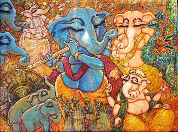 Rhythm 2' religious mixed-media painting by artist Subrata Ghosh, 36x48 inch, on canvas