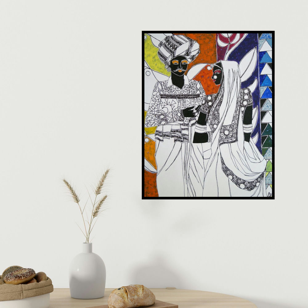 Anuradha Thakur's 'Rhythm 28 (Couple)' painting visualized above a sofa in a contemporary room.