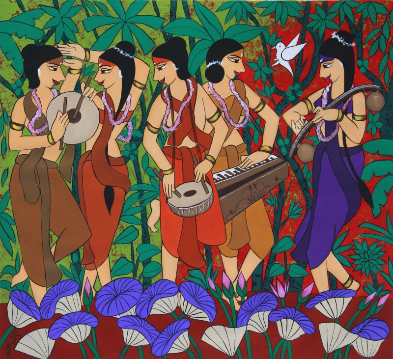Rhythm' figurative acrylic painting by artist Chetan Katigar, 34x37 inch, on canvas