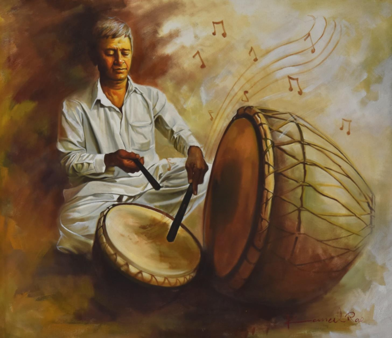 Rhythm' music oil painting by artist Kamal Rao, 32x39 inch, on canvas