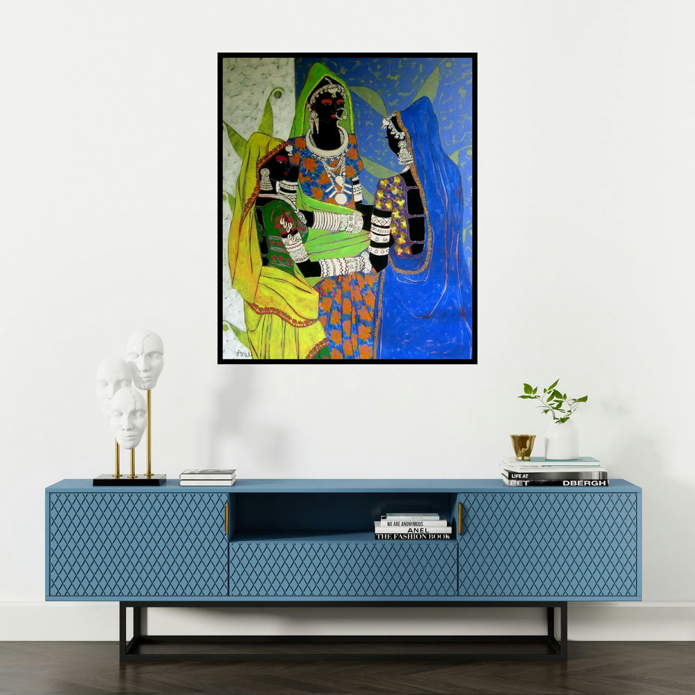 Anuradha Thakur's 'Rhythm 32 (Four Women)' painting visualized above a sofa in a contemporary room.