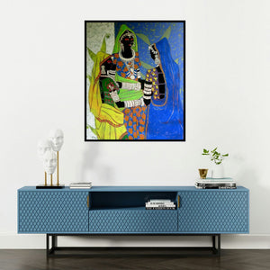 Anuradha Thakur's 'Rhythm 32 (Four Women)' painting visualized above a sofa in a contemporary room.