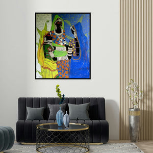 'Rhythm 32 (Four Women)' painting by Anuradha Thakur shown on a wall in a furnished room.