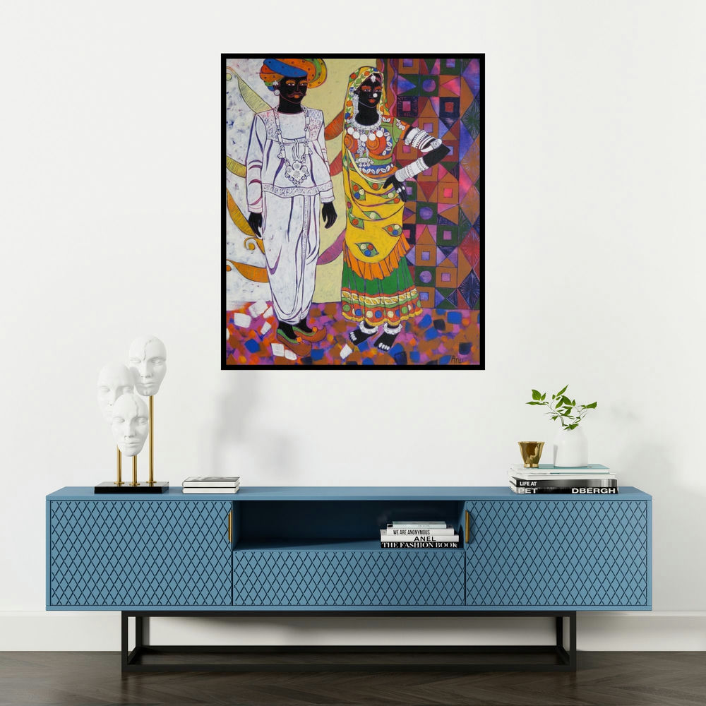 Anuradha Thakur's 'Rhythm 34 (Couple in Traditional Attire)' painting visualized above a sofa in a contemporary room.