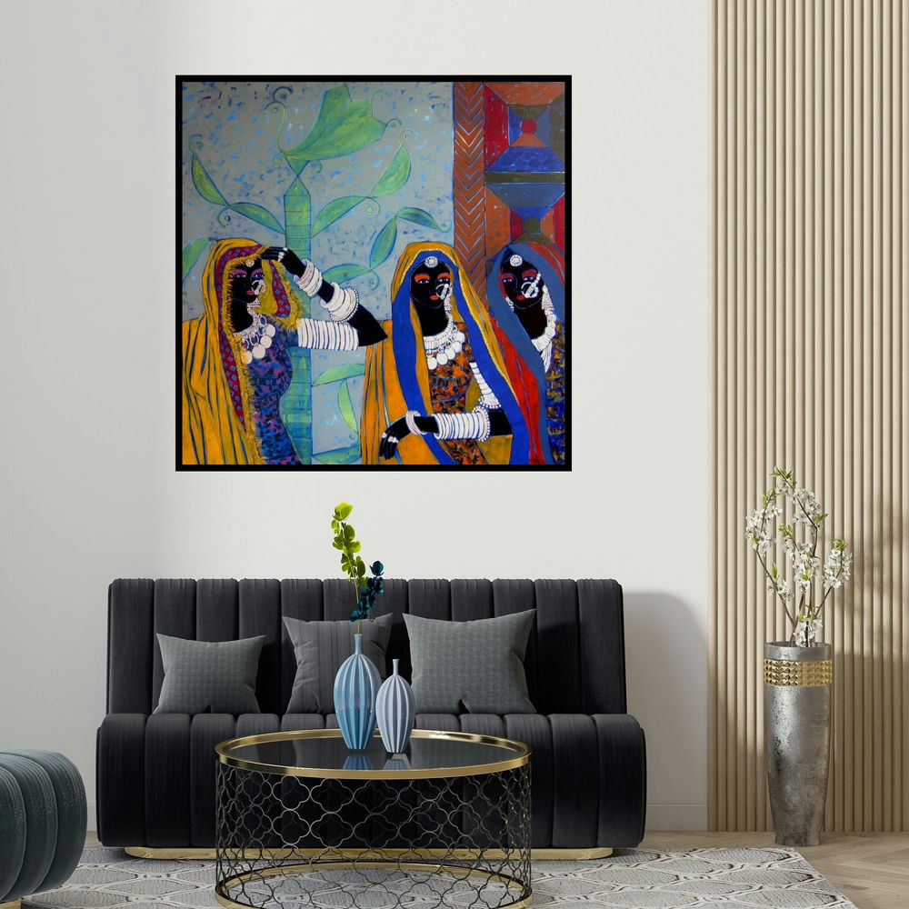 Anuradha Thakur's 'Rhythm 37 (Three Women)' painting visualized above a sofa in a contemporary room.